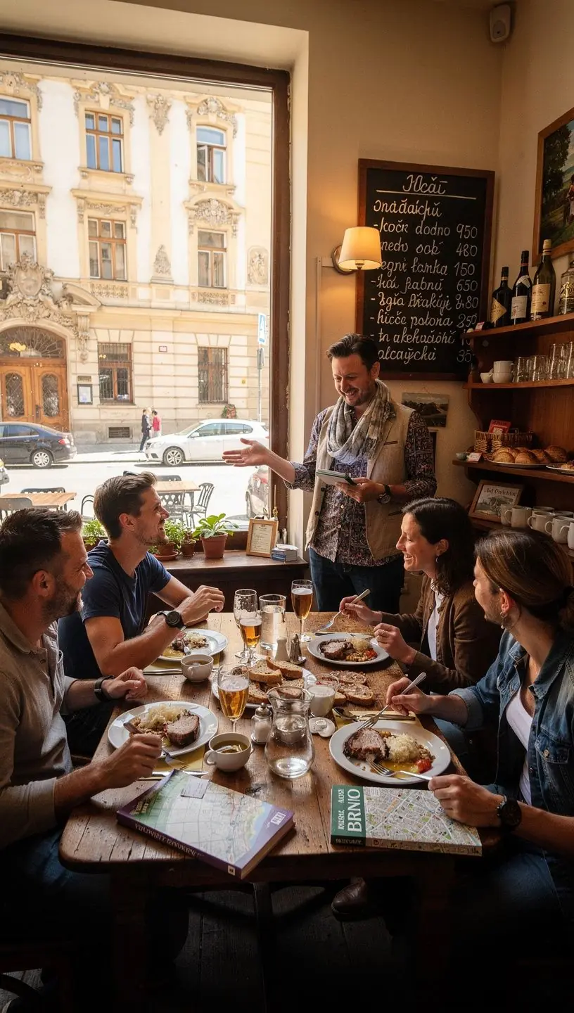 Průvodce ukazuje návštěvníkům starobylé náměstí s historickými domy.