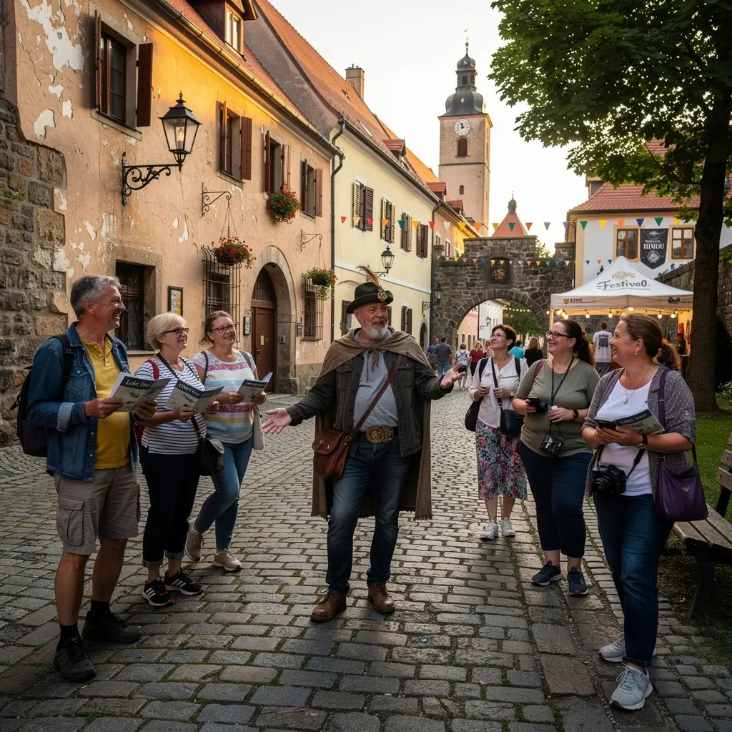 Skupina turistů obdivuje gotickou katedrálu během procházky.