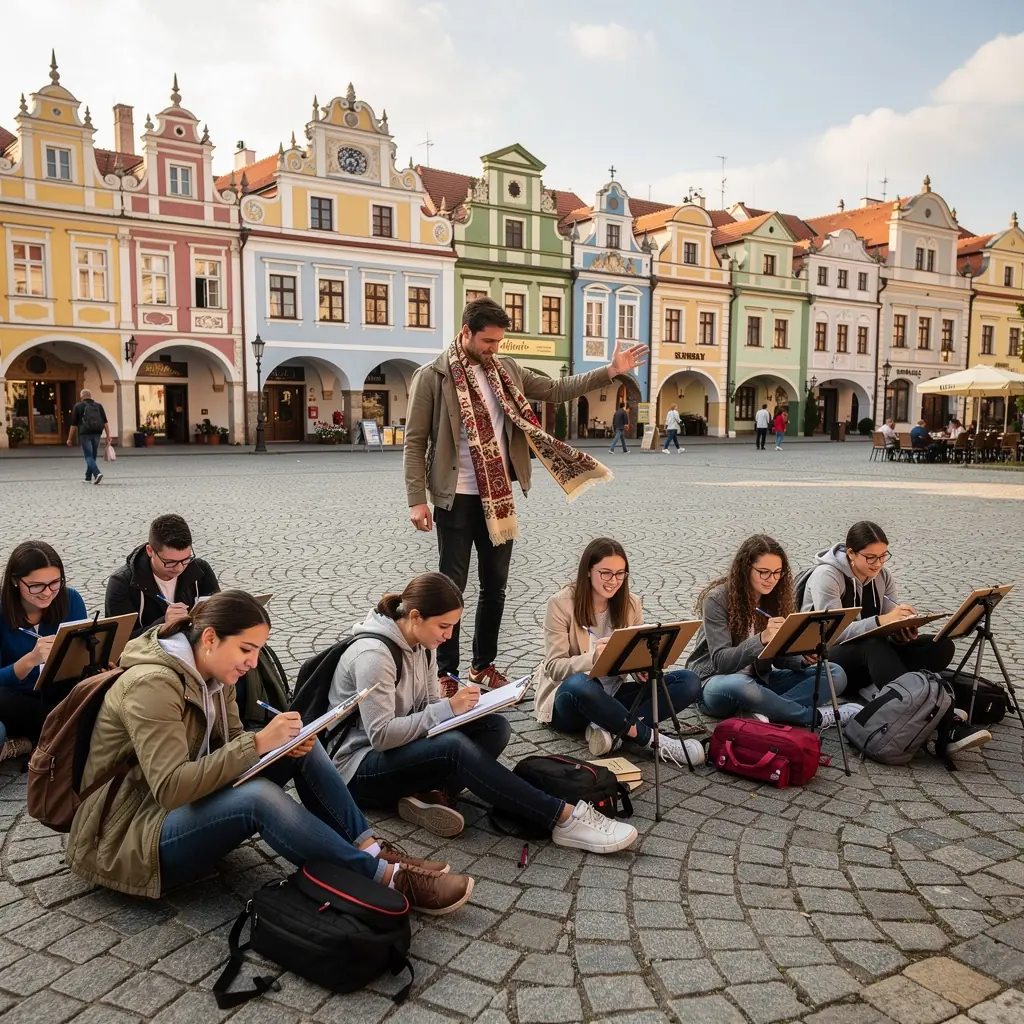 Pohled na klášter s barokními zahradami a sochami.